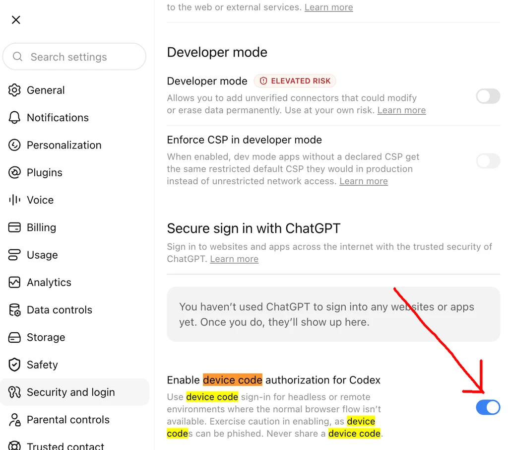 Example of the device code authorization setting in ChatGPT.